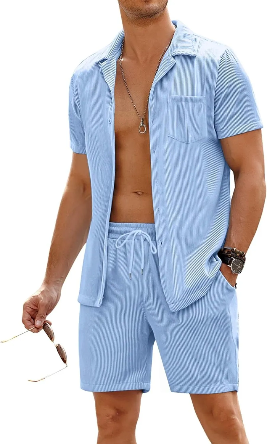 COOFANDY Men's 2 Pieces Shirt Sets Short Sleeve Casual Button Down Hippie T-Shirts Shorts Sets Summer Fashion Beach Outfits