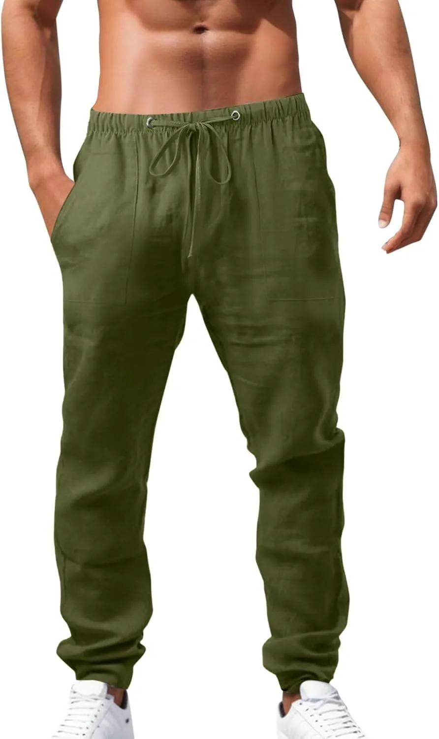 Cotton Linen Pants Men Summer Beach Pants Loose Fit Elastic Waist Casual Cargo Pants Hiking Pants Workout Joggers Mens Military Pants