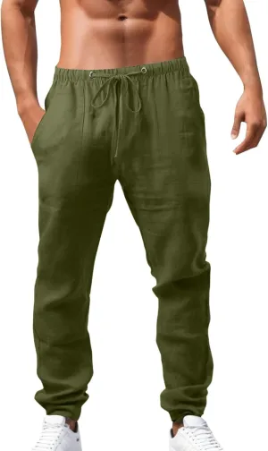 Cotton Linen Pants Men Summer Beach Pants Loose Fit Elastic Waist Casual Cargo Pants Hiking Pants Workout Joggers Mens Military Pants