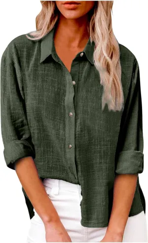 Cotton Linen Shirts for Women 2025 Spring Casual Long Sleeve Tops Button Down Lapel Blouses Summer Loose Work Tshirt