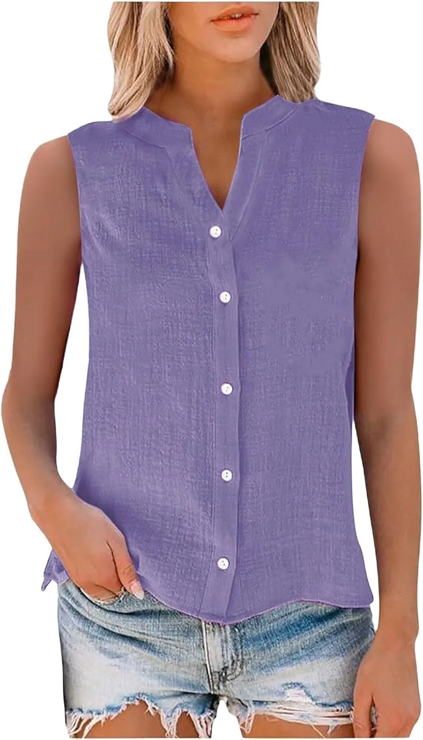 Cotton Linen Shirts for Women Sleeveless Collared Tops Oversized Button Up Blouses Work Shirts Casual Summer Tshirt
