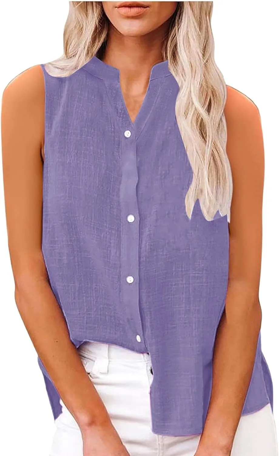 Cotton Linen Shirts for Women Sleeveless Collared Tops Oversized Button Up Blouses Work Shirts Casual Summer Tshirt
