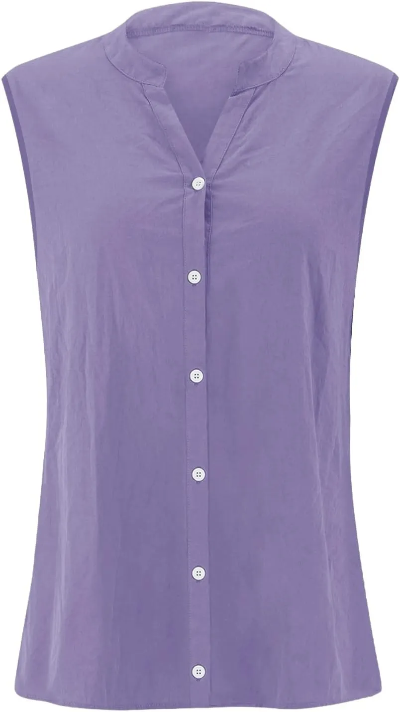 Cotton Linen Shirts for Women Sleeveless Collared Tops Oversized Button Up Blouses Work Shirts Casual Summer Tshirt