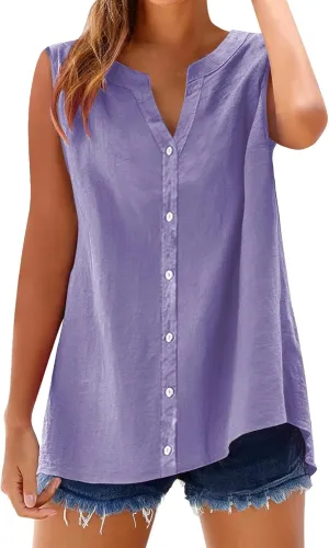 Cotton Linen Shirts for Women Sleeveless Collared Tops Oversized Button Up Blouses Work Shirts Casual Summer Tshirt