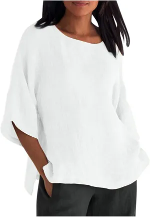 Cotton Linen Top for Women Plus Size 3/4 Sleeve Casual Summer Blouse T Shirt Fashion Side Split Loose Tunic Shirts