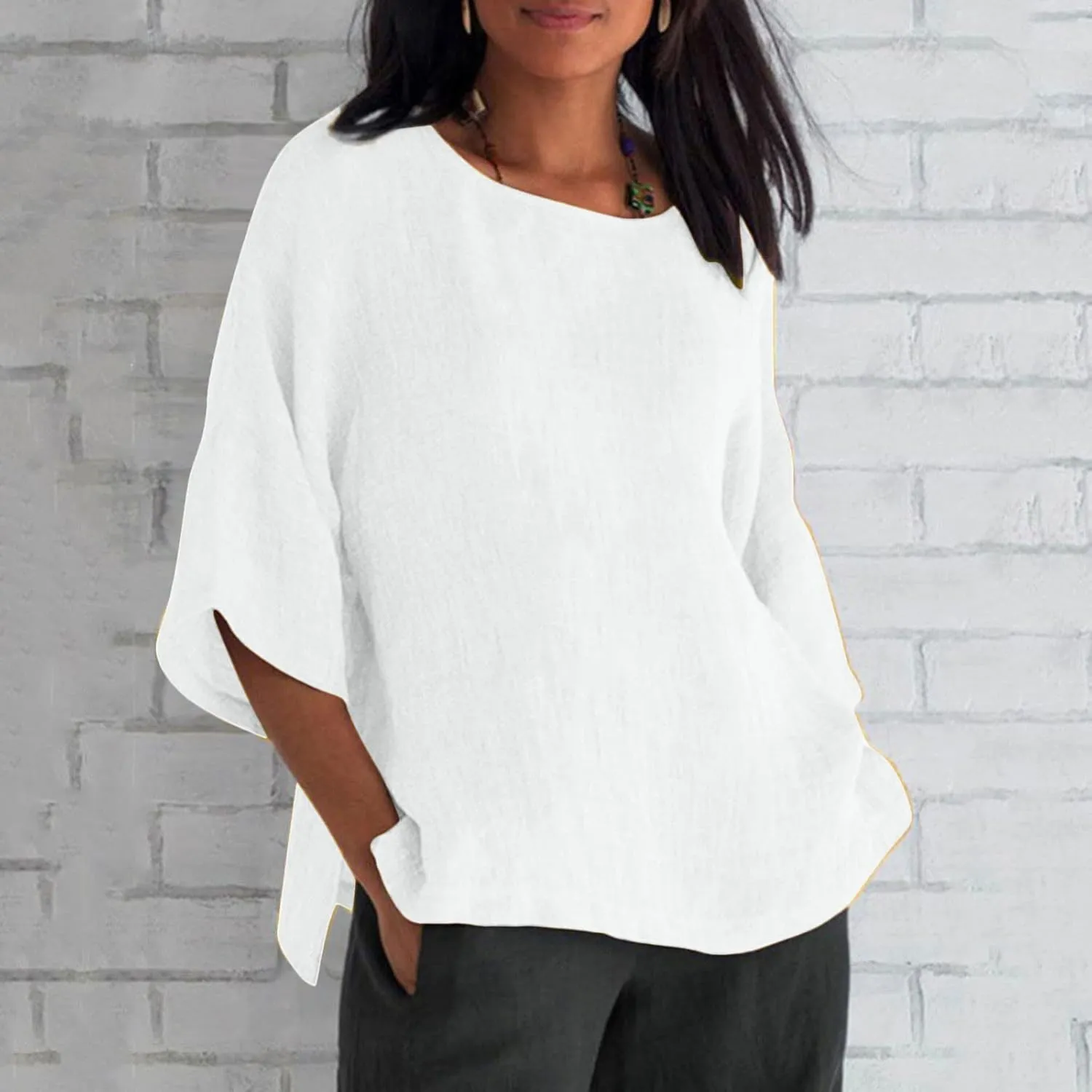 Cotton Linen Top for Women Plus Size 3/4 Sleeve Casual Summer Blouse T Shirt Fashion Side Split Loose Tunic Shirts