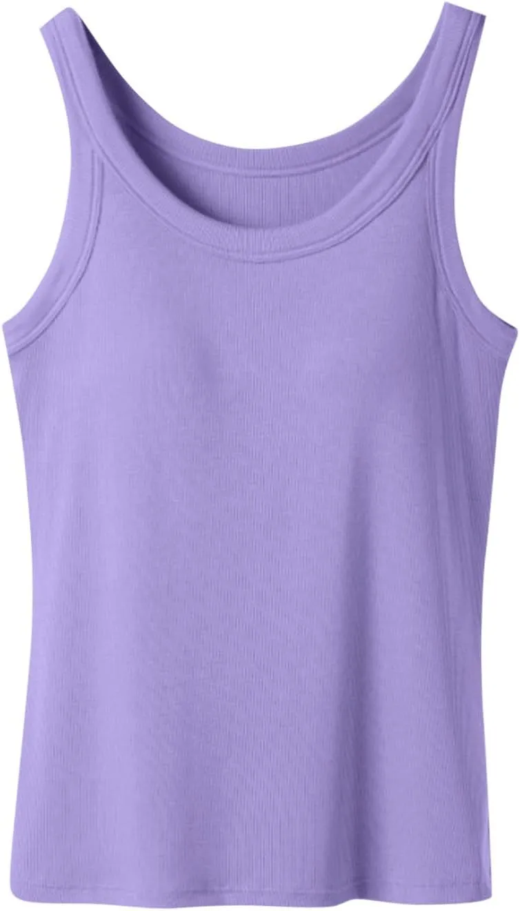 Cotton Tank Tops with Built in Bra for Women Summer Basic Workout Undershirt Solid Color Fashion Yoga Blouse Tees