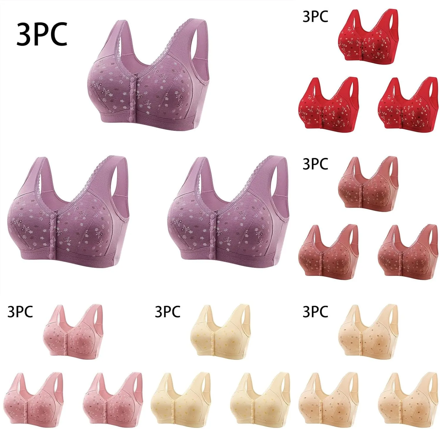 Daisy Bras Older Women 3 Pack Front Closure Wireless Bralette Senior Comfort Snap Sleep Beauty Back Everyday Lingerie