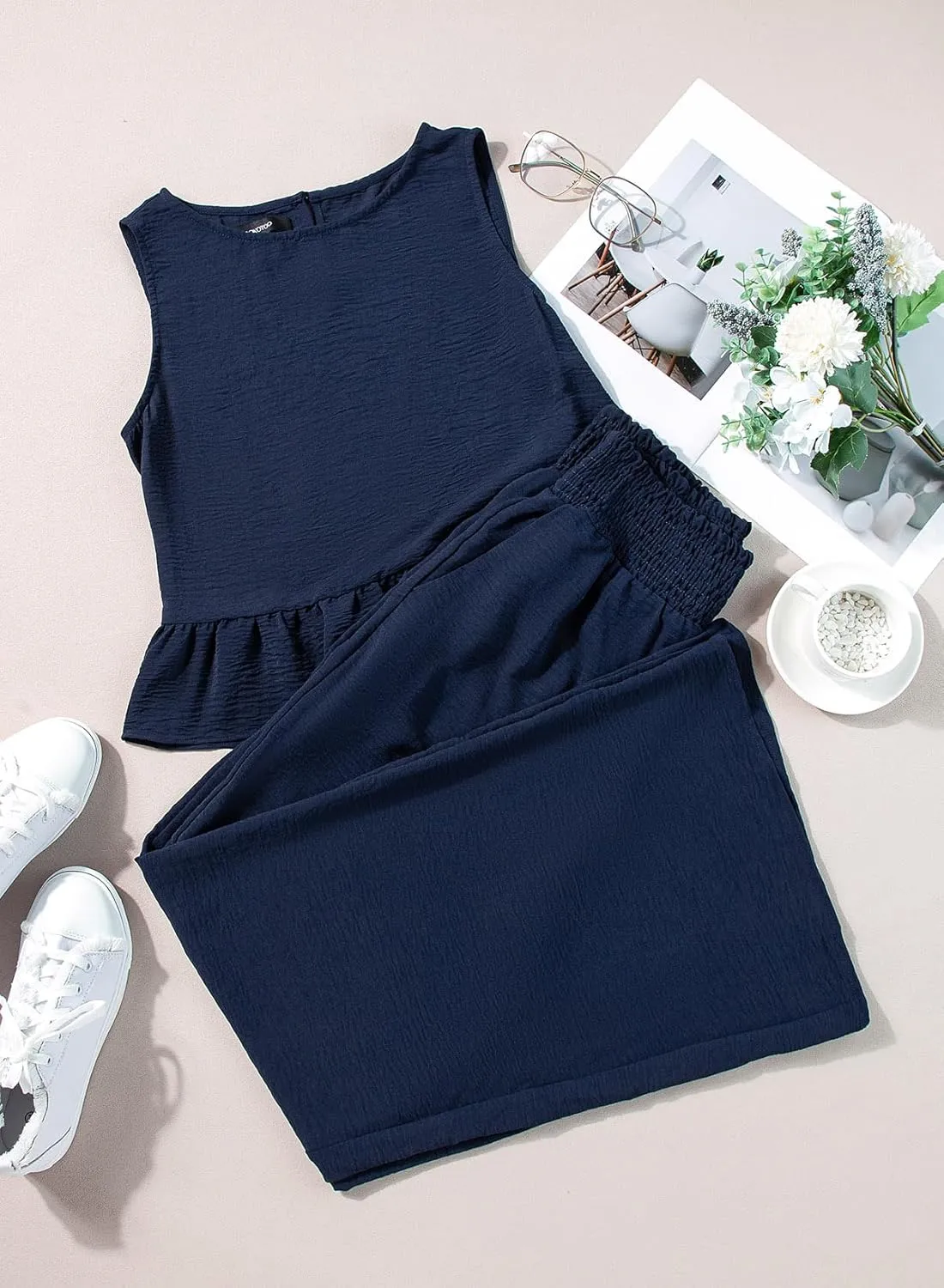 Dokotoo Pants Sets Women 2 Piece Outfits Sleeveless Round Neck Tank Tops Matching Sets for Women Elastic Waist Wide Leg
