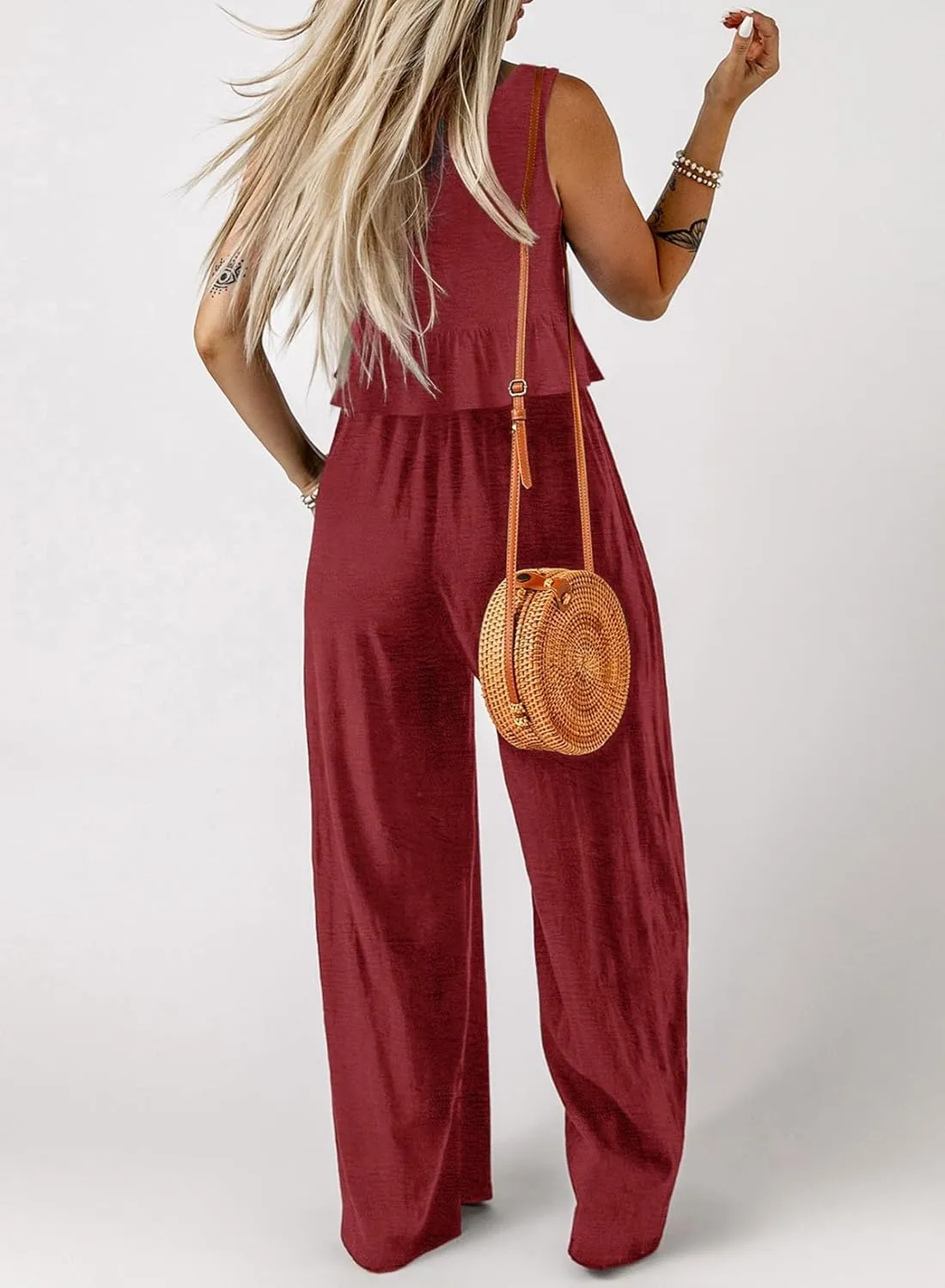Dokotoo Pants Sets Women 2 Piece Outfits Sleeveless Round Neck Tank Tops Matching Sets for Women Elastic Waist Wide Leg