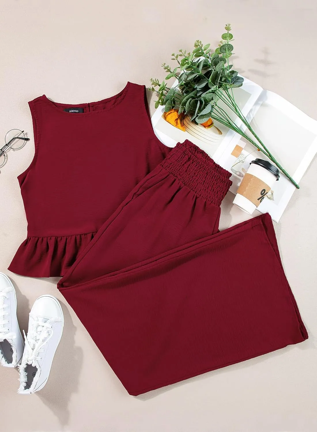 Dokotoo Pants Sets Women 2 Piece Outfits Sleeveless Round Neck Tank Tops Matching Sets for Women Elastic Waist Wide Leg