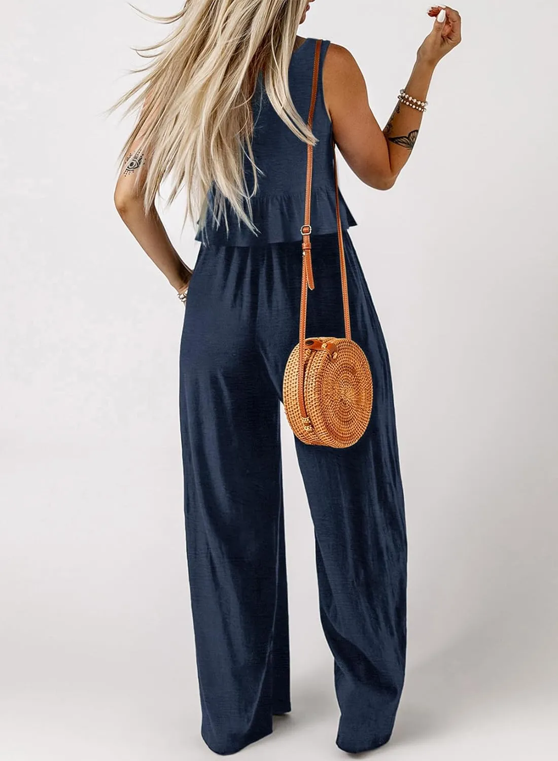 Dokotoo Pants Sets Women 2 Piece Outfits Sleeveless Round Neck Tank Tops Matching Sets for Women Elastic Waist Wide Leg