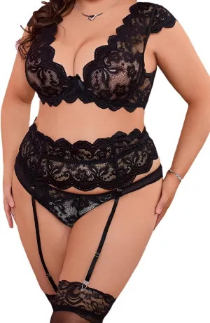 Donnalla Plus Size Lingerie Sets for Women Sexy Matching Bra and Panty Sets Lace Lingerie Set with Garter Belt(No Stockings)
