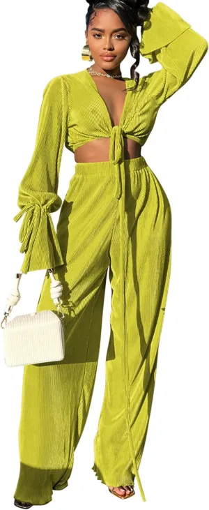 Doweha Two Piece Outfits for Women Summer Cute Plisse Set Outfit Lounge Sets Bell Sleeve Top Pants Sets Sexy 2 Piece Outfits
