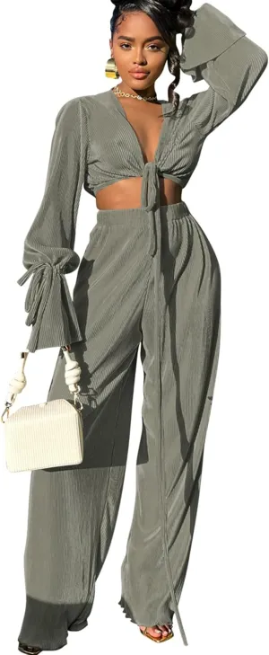 Doweha Two Piece Outfits for Women Summer Cute Plisse Set Outfit Lounge Sets Bell Sleeve Top Pants Sets Sexy 2 Piece Outfits