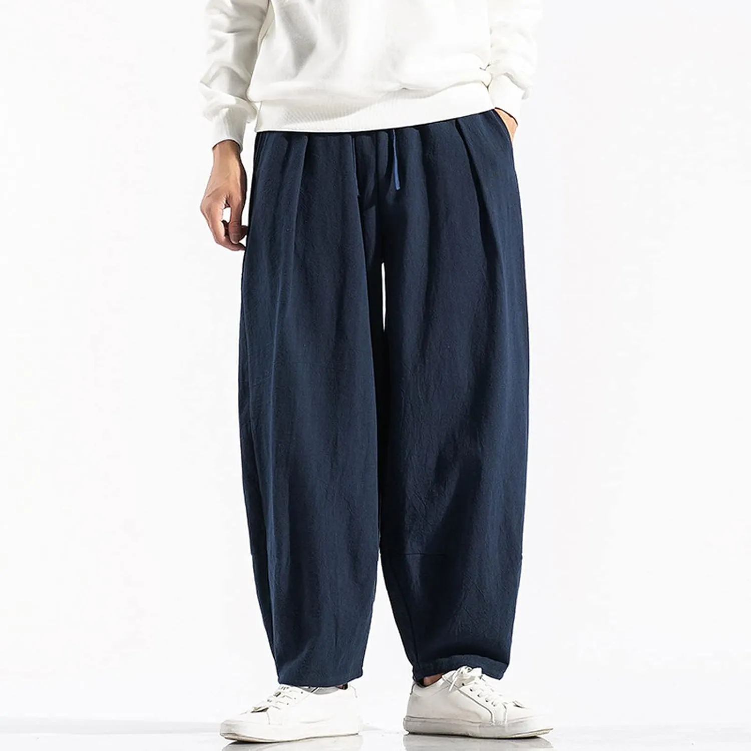 Dudubaby Men Casual Pants Mens Baggy Pants Drawstring Cotton Linen Wide Leg Yoga Pants Solid Color Baggy Pants