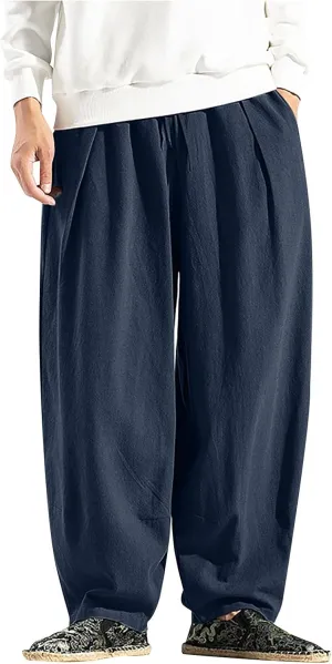 Dudubaby Men Casual Pants Mens Baggy Pants Drawstring Cotton Linen Wide Leg Yoga Pants Solid Color Baggy Pants