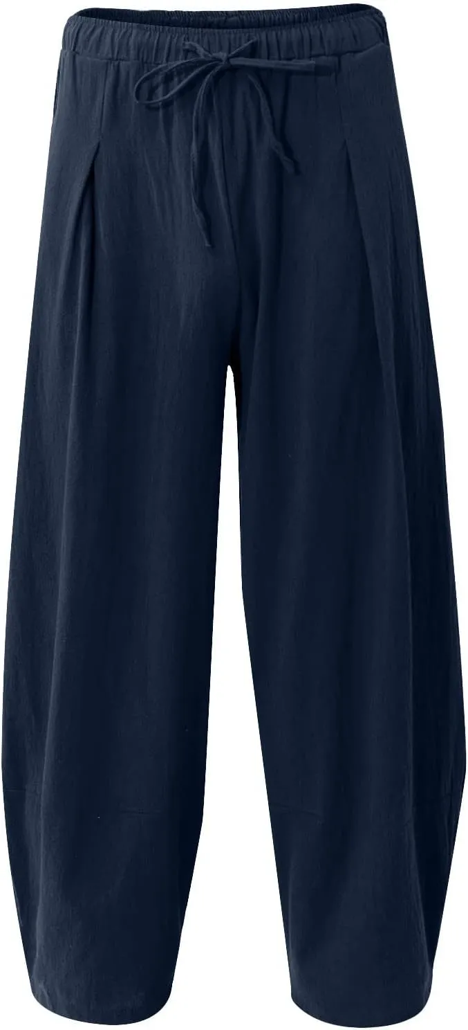 Dudubaby Men Casual Pants Mens Baggy Pants Drawstring Cotton Linen Wide Leg Yoga Pants Solid Color Baggy Pants