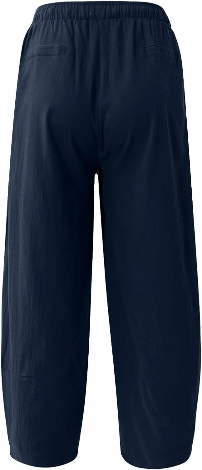 Dudubaby Men Casual Pants Mens Baggy Pants Drawstring Cotton Linen Wide Leg Yoga Pants Solid Color Baggy Pants
