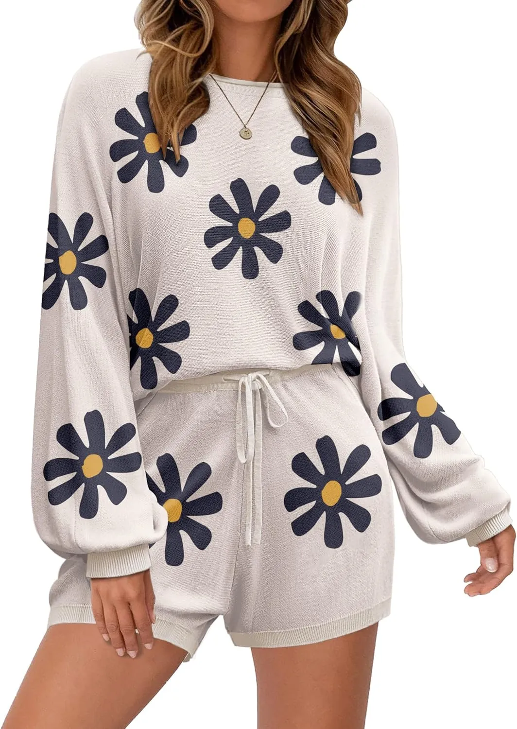 Ekouaer Knit Pajamas Set for Women Lounge Wear Sets Long Sleeve Sweatsuit Matching 2 Piece Outfits Casual Sweater Sets S-XXL