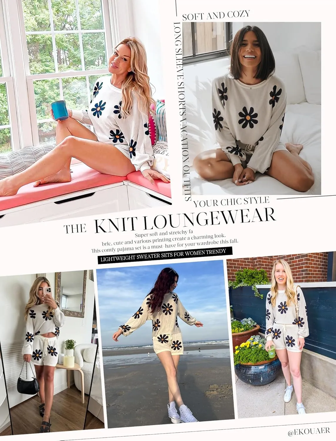 Ekouaer Knit Pajamas Set for Women Lounge Wear Sets Long Sleeve Sweatsuit Matching 2 Piece Outfits Casual Sweater Sets S-XXL