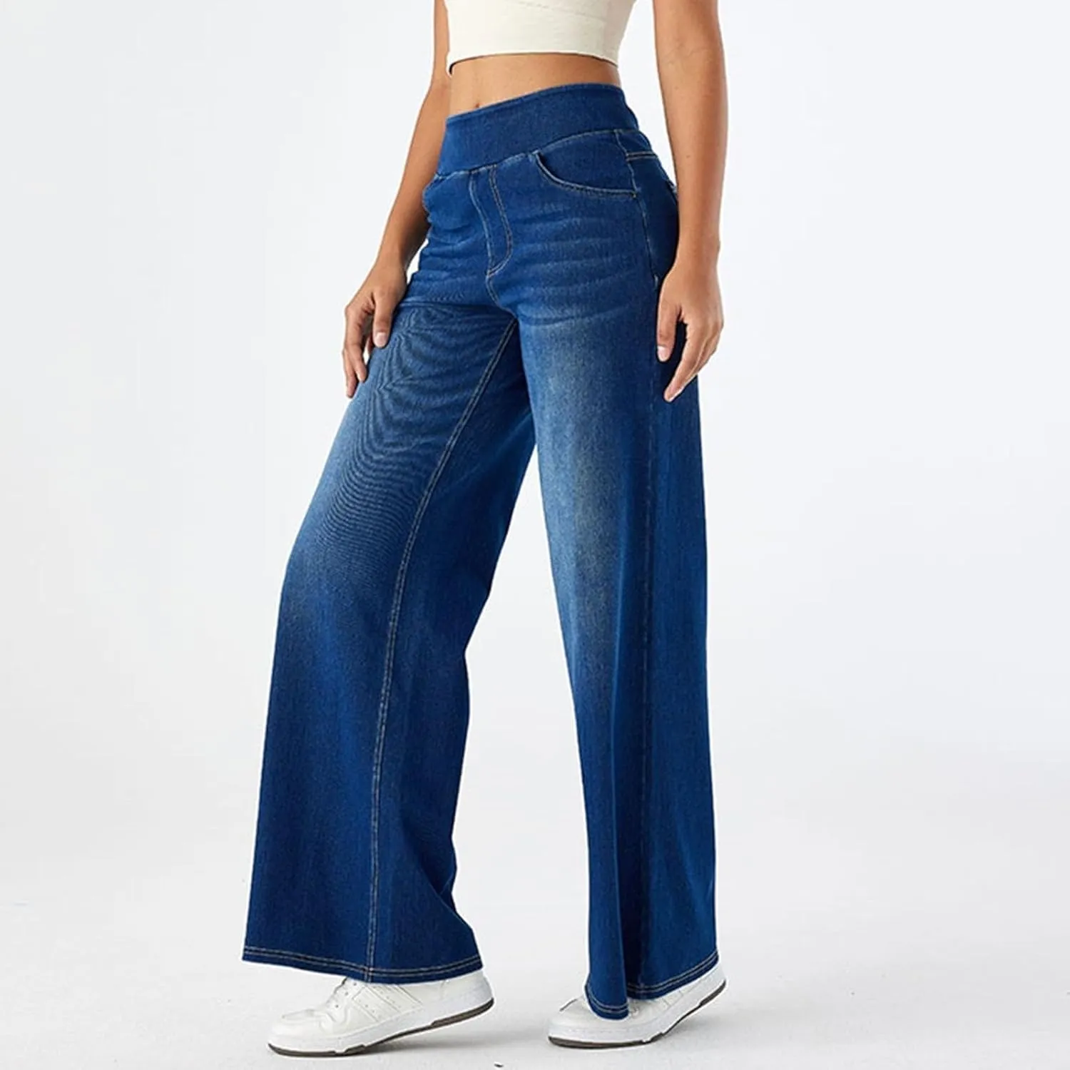 fanmpghleoo Elastic Waist Jeans for Women Trendy Wide Leg Jeans Woman Boyfriend Y2k Baggy Jeans High Waisted Trouser Jeans