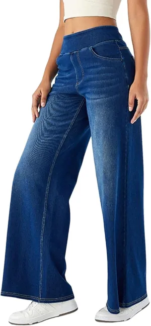 fanmpghleoo Elastic Waist Jeans for Women Trendy Wide Leg Jeans Woman Boyfriend Y2k Baggy Jeans High Waisted Trouser Jeans