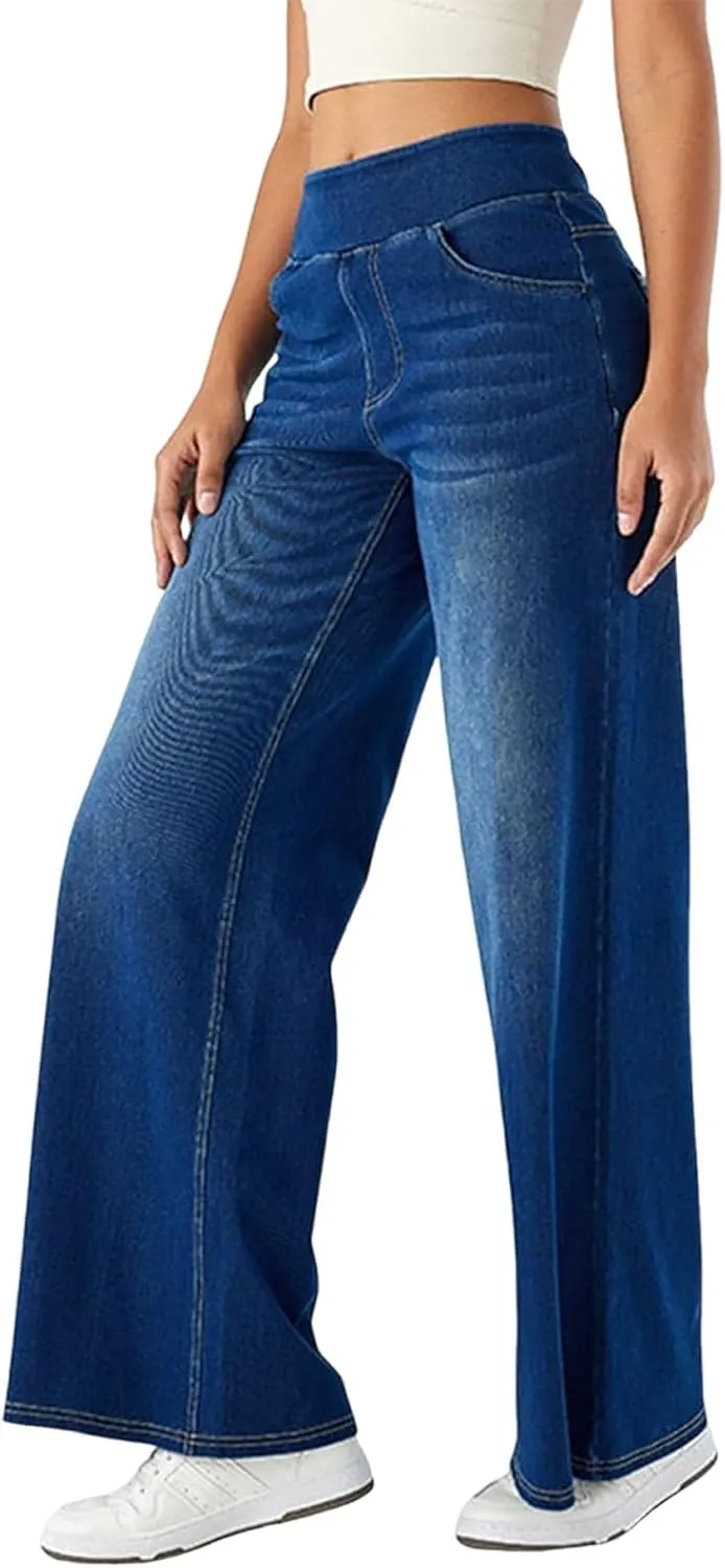 fanmpghleoo Elastic Waist Jeans for Women Trendy Wide Leg Jeans Woman Boyfriend Y2k Baggy Jeans High Waisted Trouser Jeans