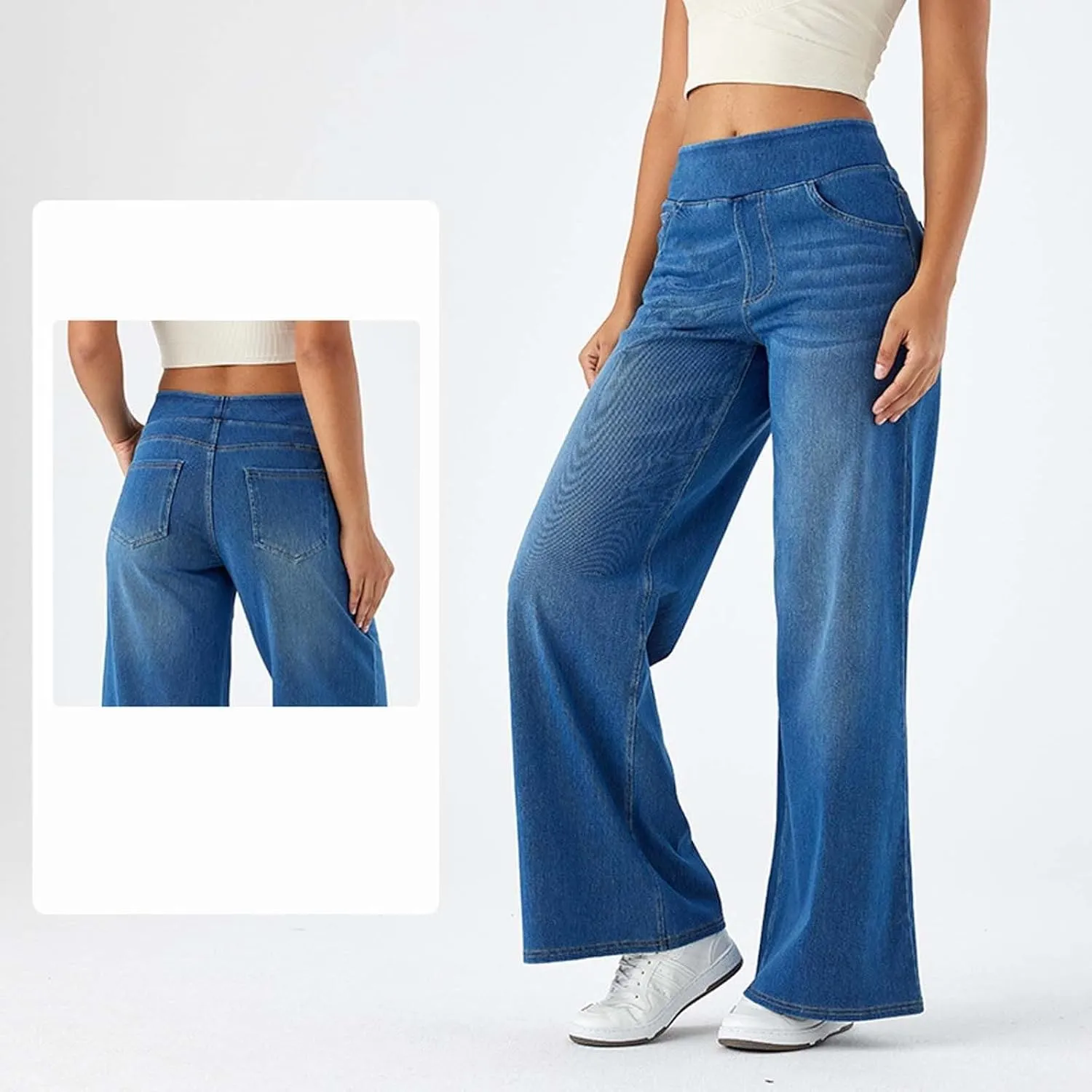 fanmpghleoo Wide Leg Jeans Woman Pull On Elastic Waist Jeans for Women Trendy Boyfriend Jeans Sweatpants That Look Like Jeans
