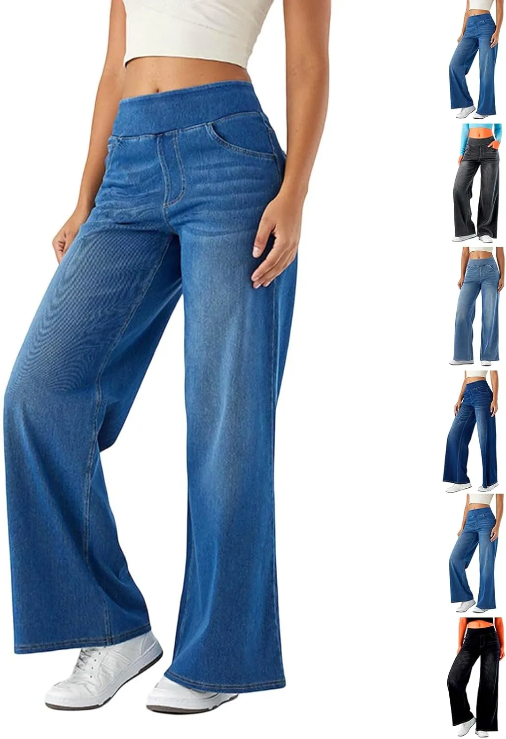 fanmpghleoo Wide Leg Jeans Woman Pull On Elastic Waist Jeans for Women Trendy Boyfriend Jeans Sweatpants That Look Like Jeans