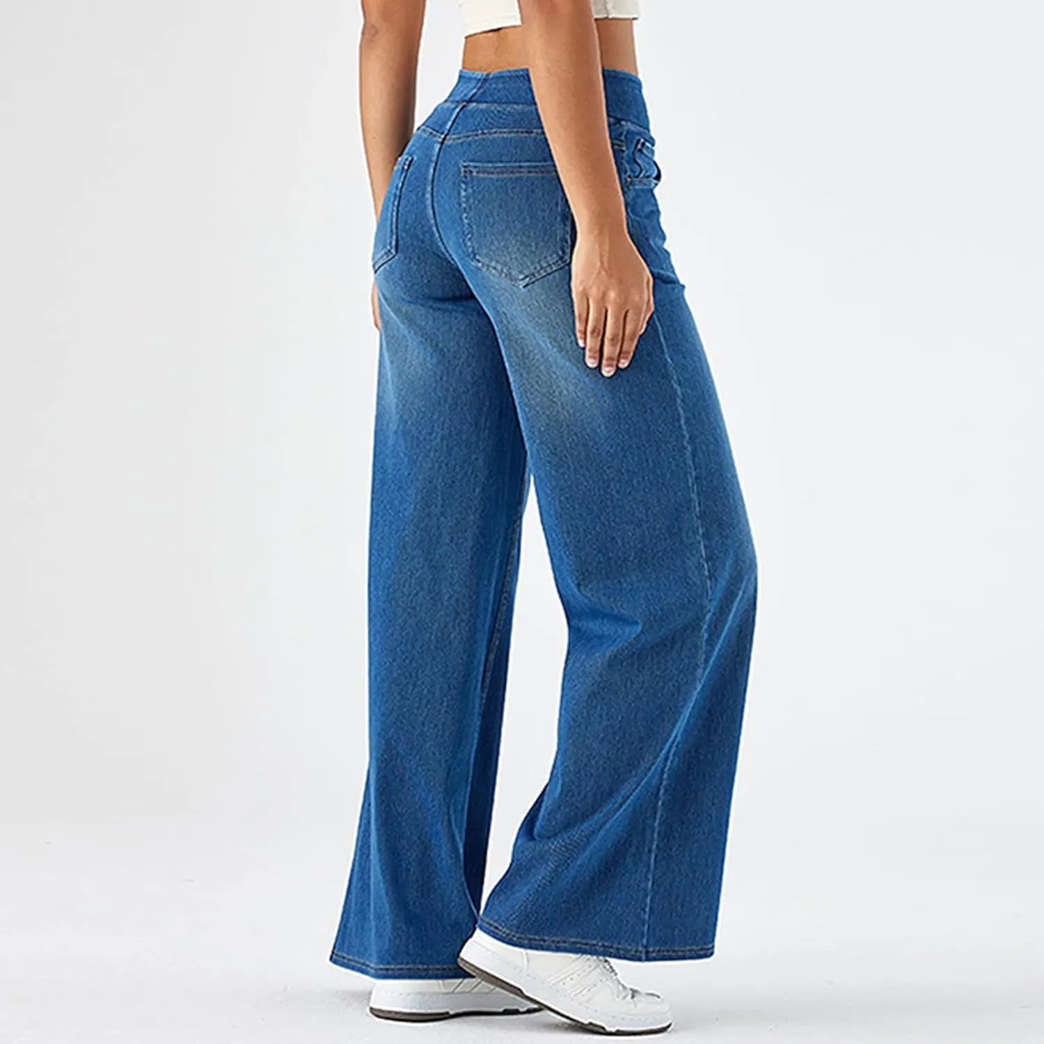 fanmpghleoo Wide Leg Jeans Woman Pull On Elastic Waist Jeans for Women Trendy Boyfriend Jeans Sweatpants That Look Like Jeans