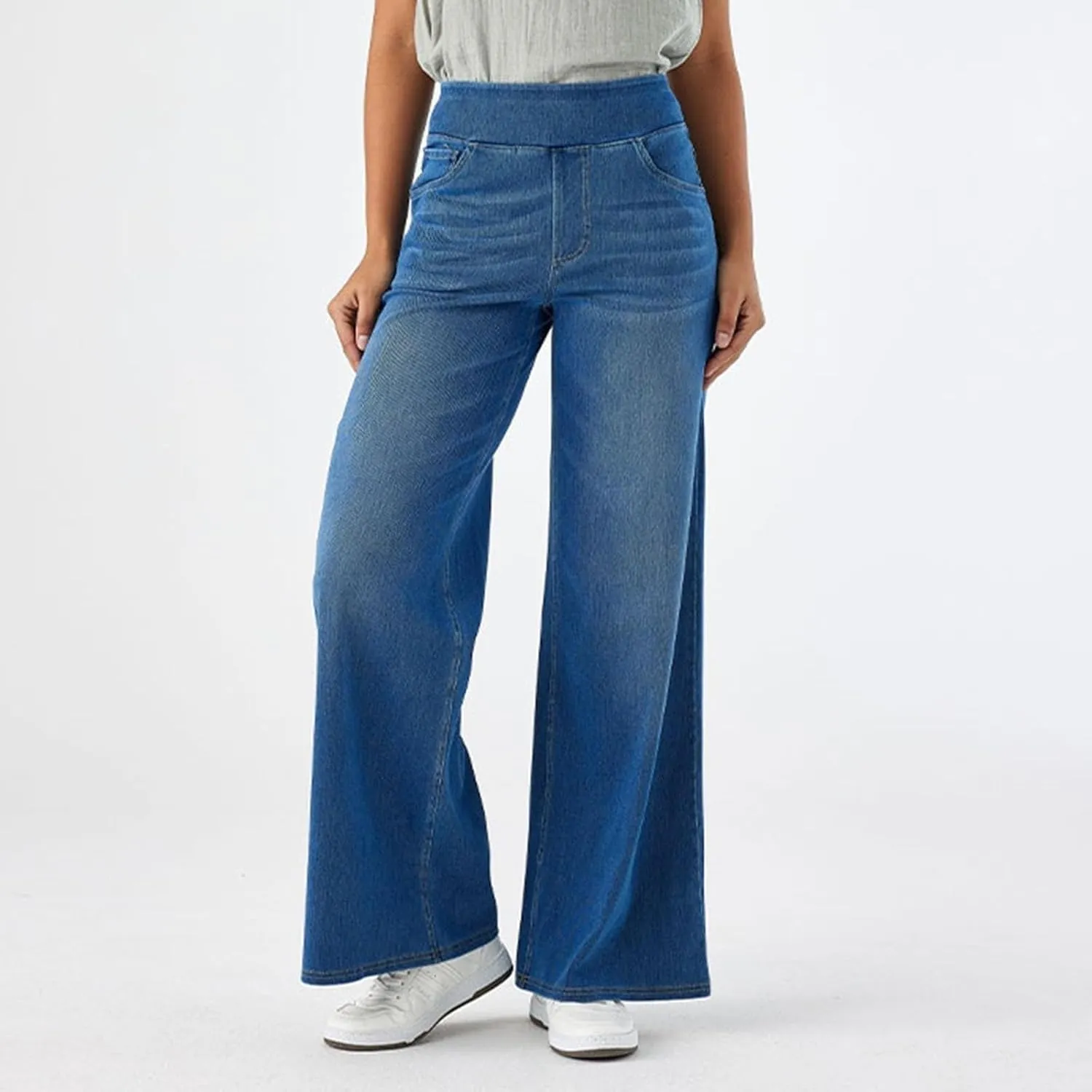 fanmpghleoo Wide Leg Jeans Woman Pull On Elastic Waist Jeans for Women Trendy Boyfriend Jeans Sweatpants That Look Like Jeans