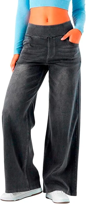 fanmpghleoo Wide Leg Jeans Woman Pull On Elastic Waist Jeans for Women Trendy Boyfriend Jeans Sweatpants That Look Like Jeans