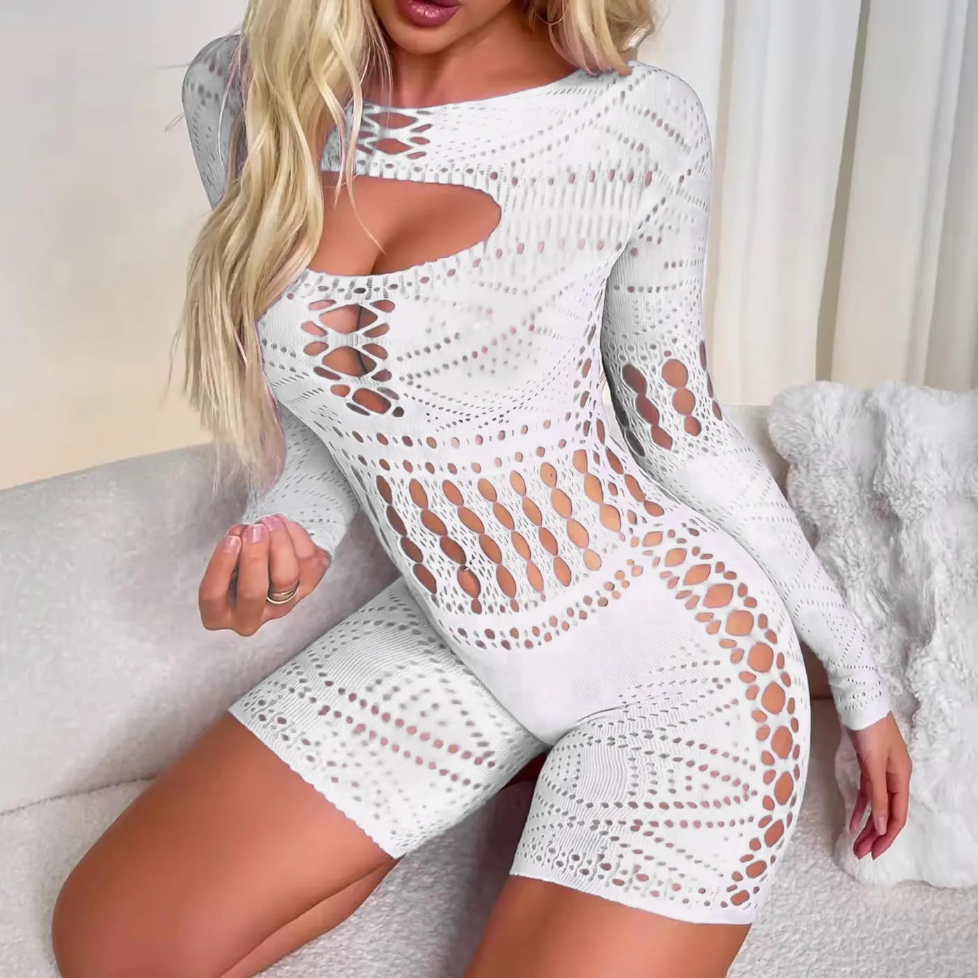 Fishnets Bodysuits for Women Sexy Jumpsuits Mesh Long Sleeve Bodystockings Lace Lingerie for Women Sexy Costumes