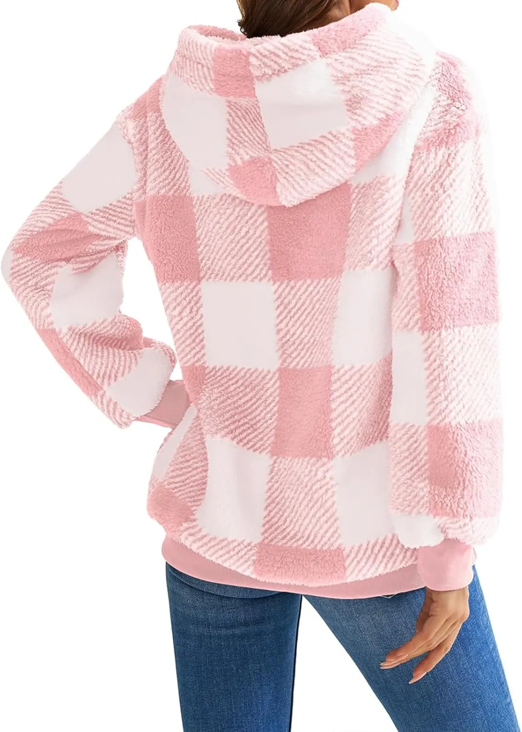 Fleece Hoodies for Women Plaid Long Sleeve Hoodie Casual Half Zip Sweatshirts Winter Sherpa Pullover