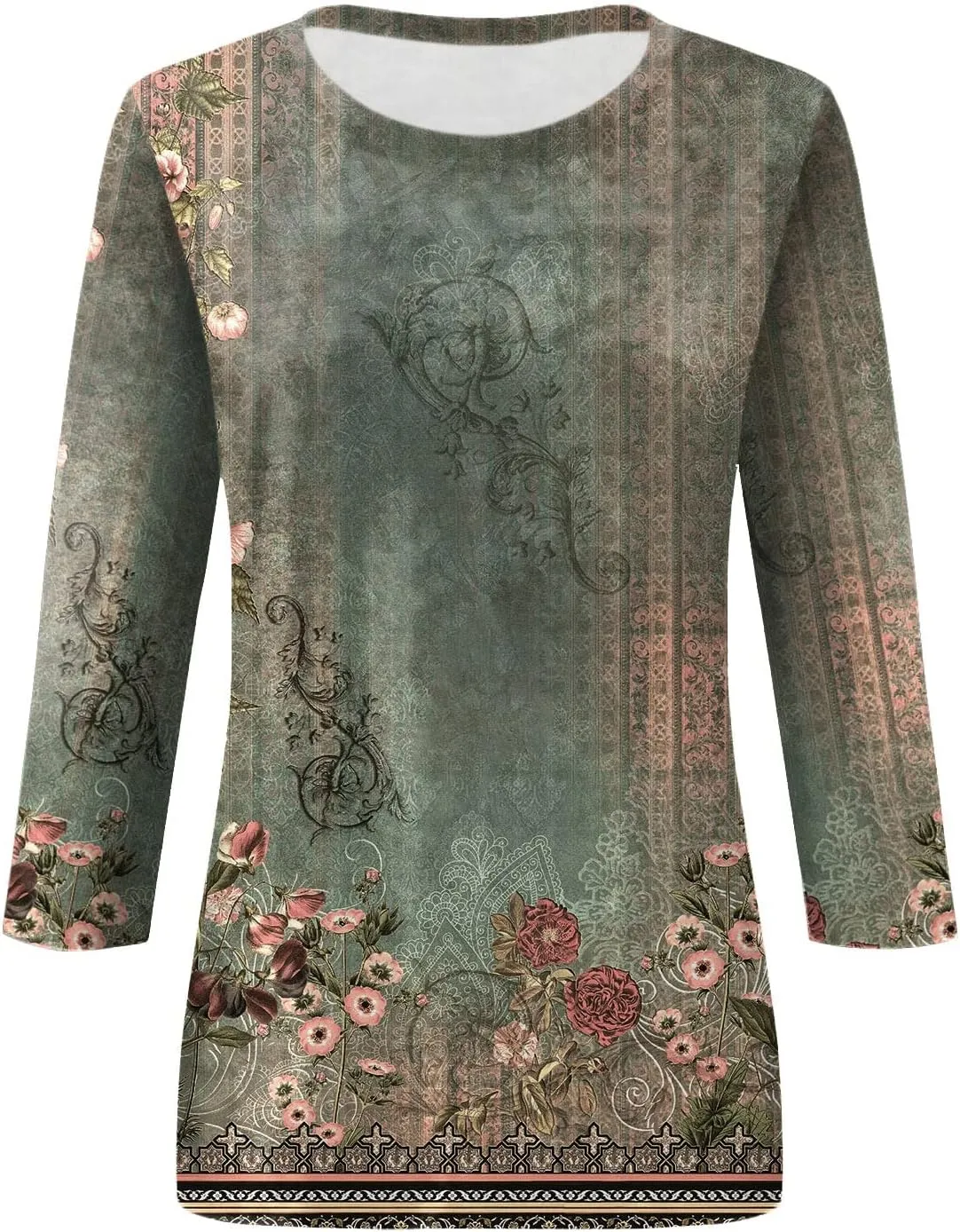 Floral Bee Print Women 3/4 Length Sleeve Tops Shirt Casual Loose T Shirts 2025 Spring Tops for Women