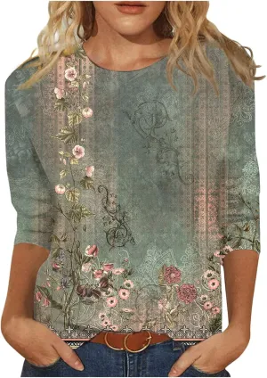Floral Bee Print Women 3/4 Length Sleeve Tops Shirt Casual Loose T Shirts 2025 Spring Tops for Women