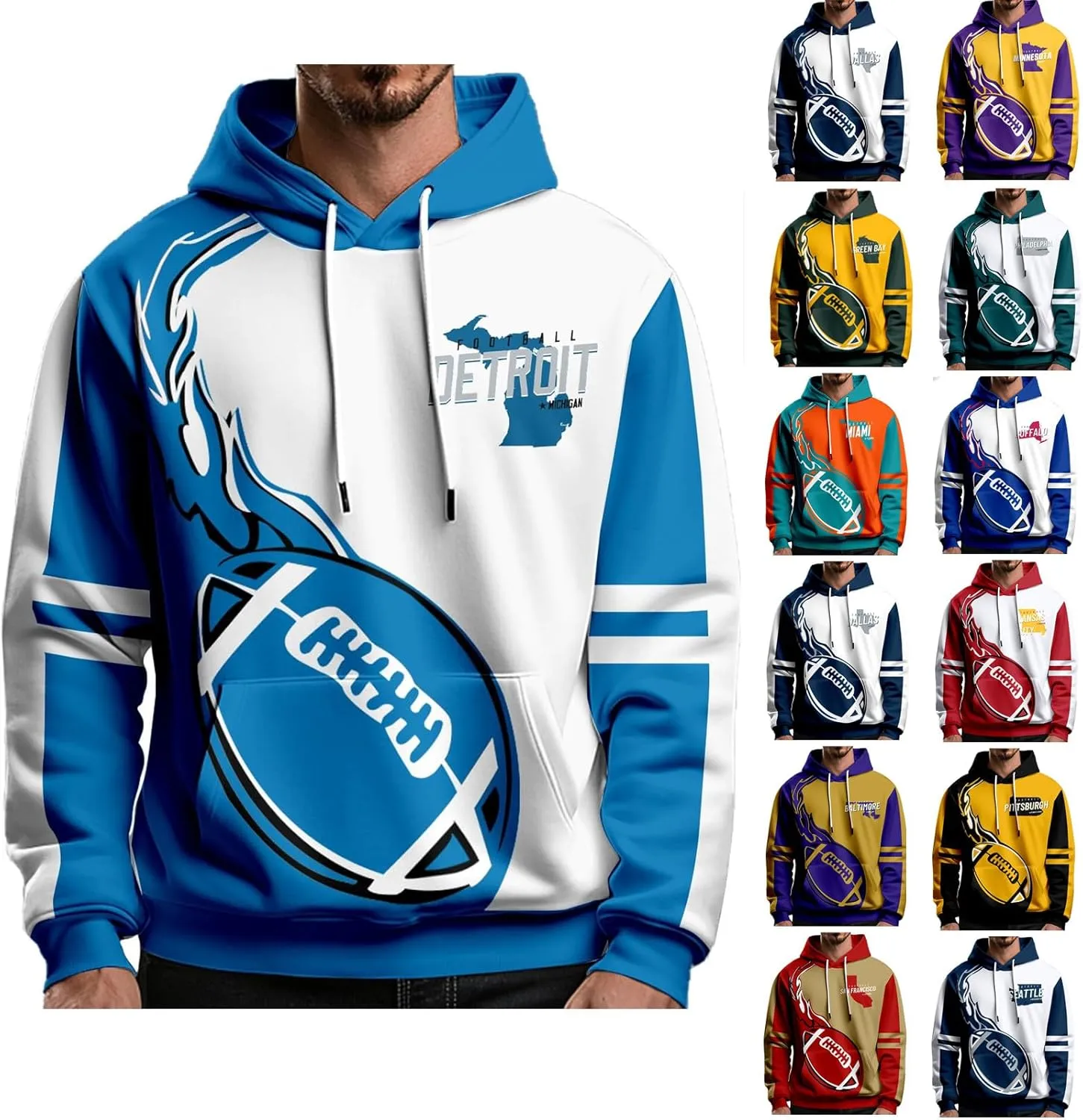 Football Hoodies for Men and Women Fans Gifts Casual Sweatshirts Collar Drawstring Long Sleeve Hooded Pullover Top