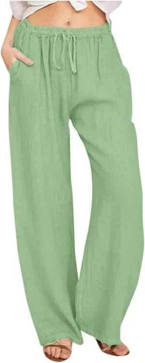 GOFULY Pants for Women Trendy Elastic Waist Drawstring Sumemr Pants Straight Wide Leg High Waisted with Pockets Slacks Clothe