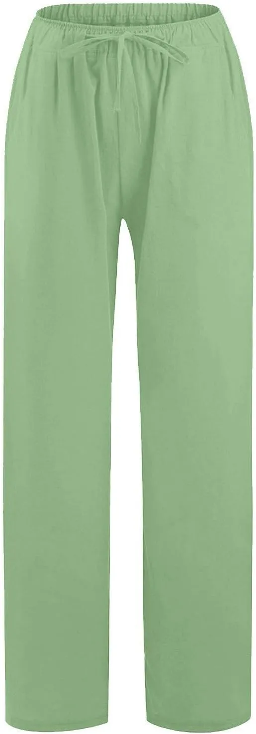 GOFULY Pants for Women Trendy Elastic Waist Drawstring Sumemr Pants Straight Wide Leg High Waisted with Pockets Slacks Clothe
