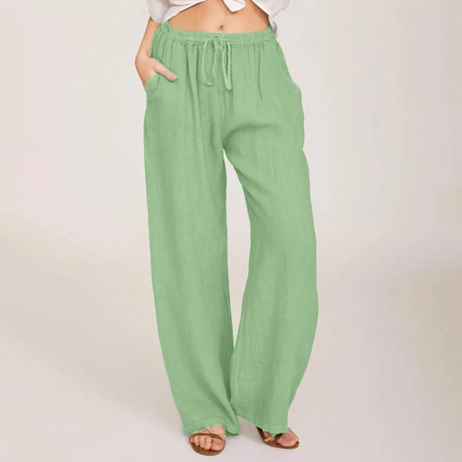 GOFULY Pants for Women Trendy Elastic Waist Drawstring Sumemr Pants Straight Wide Leg High Waisted with Pockets Slacks Clothe