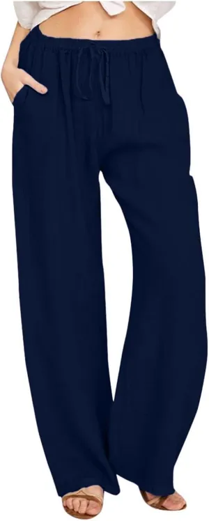 GOFULY Women's Pants Casual Elastic Waist Drawstring Sumemr Pants Straight Wide Leg High Waisted with Pockets Comfy Trousers