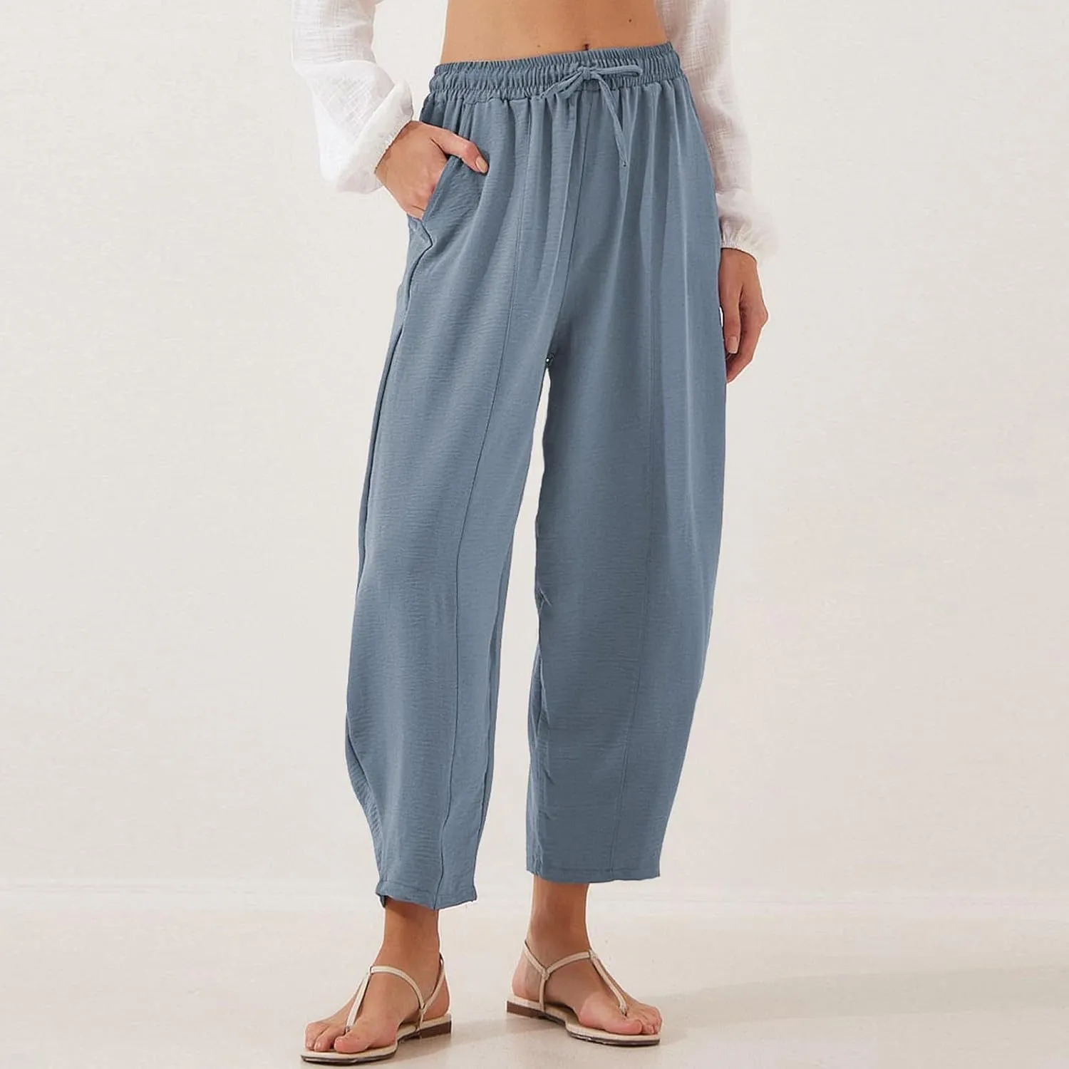 GOFULY Women's Pants Casual Wide Leg High Waisted Pants Beach Elastic Waist Drawstring Sumemr Loose Fit Trousers with Pockets