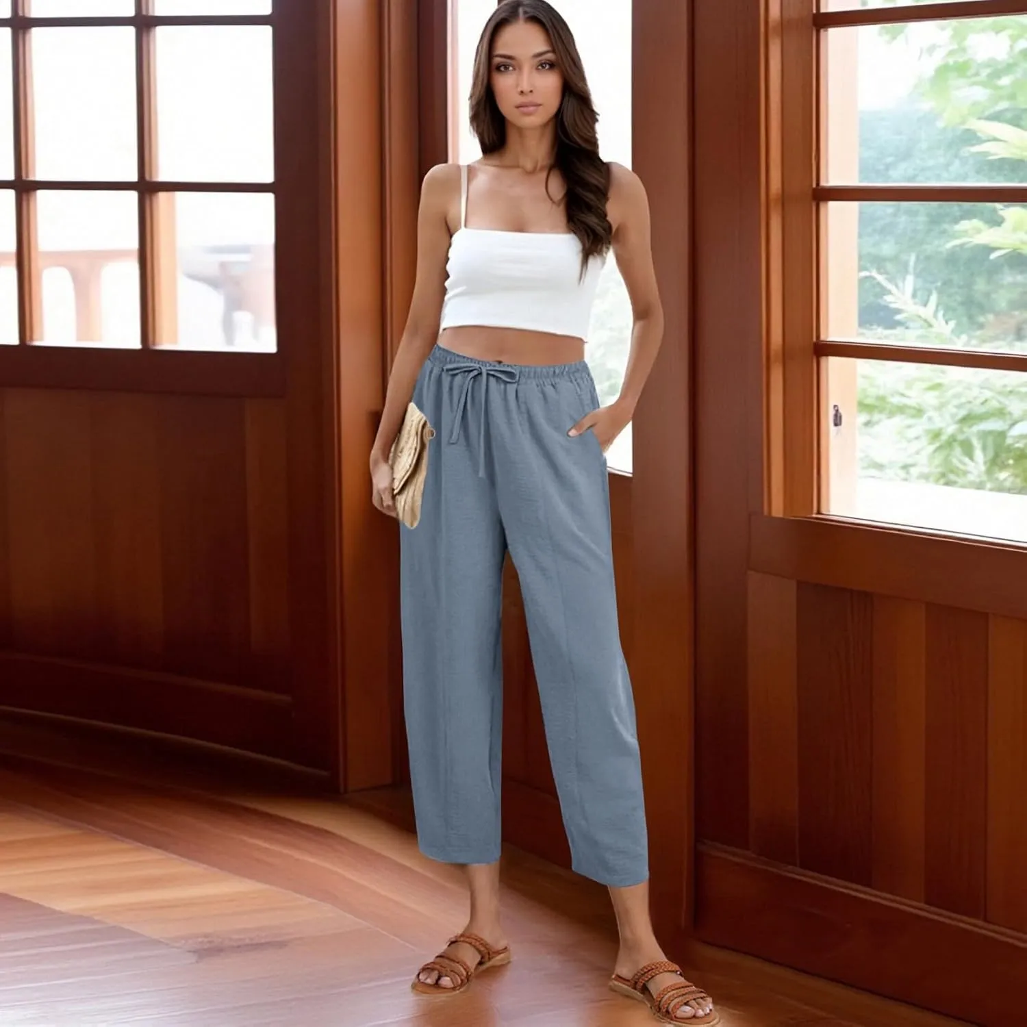 GOFULY Women's Pants Casual Wide Leg High Waisted Pants Beach Elastic Waist Drawstring Sumemr Loose Fit Trousers with Pockets