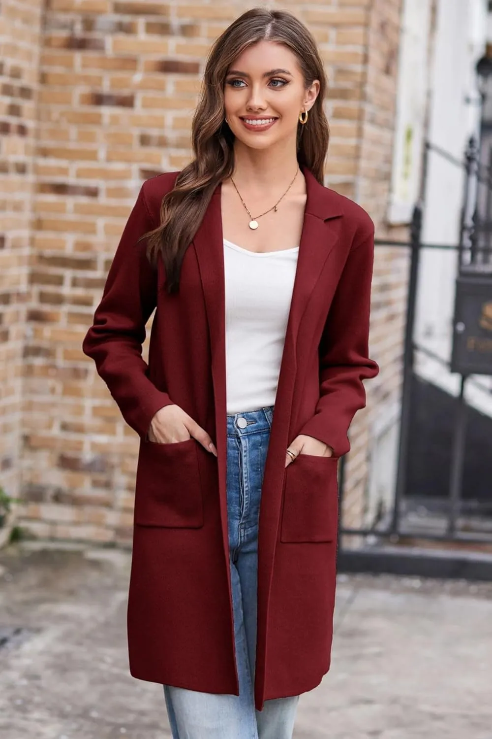 GRACE KARIN Women's 2025 Fashion Open Front Long Cardigan Sweaters Long Sleeve Lapel Knit Sweater Jacket with Pockets
