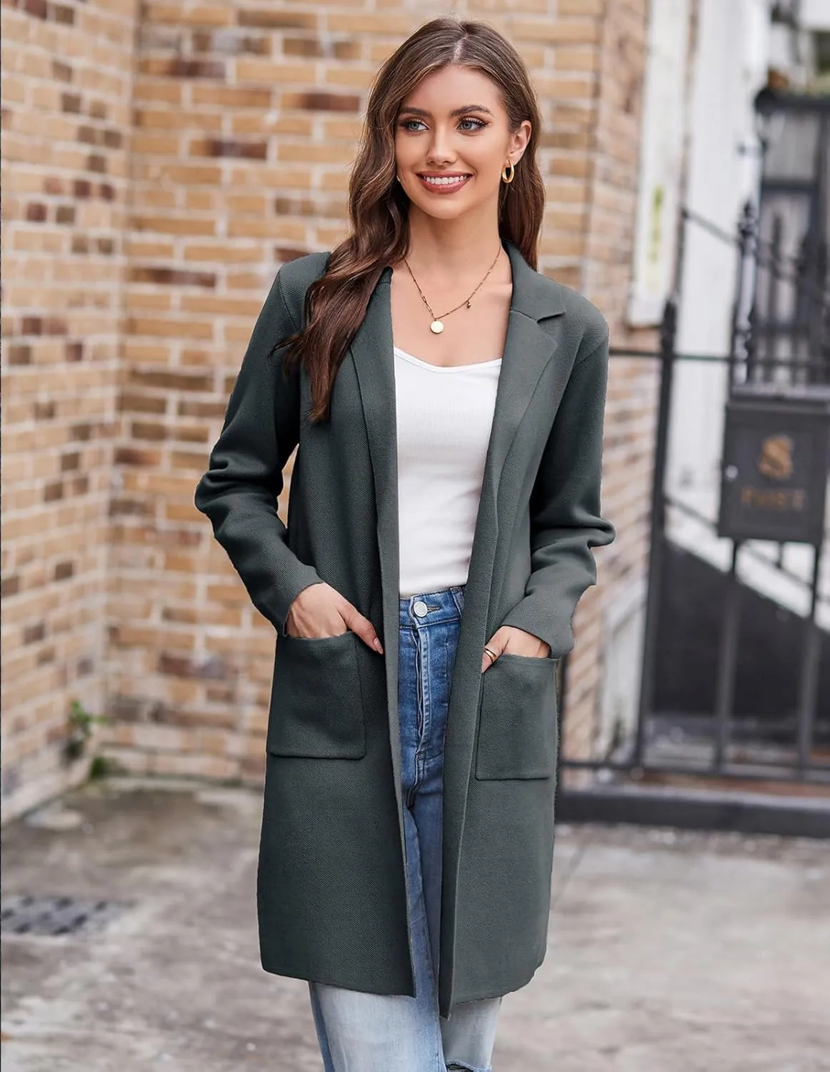 GRACE KARIN Women's 2025 Fashion Open Front Long Cardigan Sweaters Long Sleeve Lapel Knit Sweater Jacket with Pockets