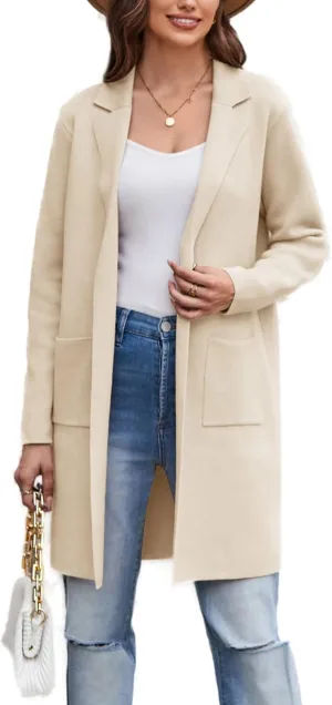 GRACE KARIN Women's 2025 Fashion Open Front Long Cardigan Sweaters Long Sleeve Lapel Knit Sweater Jacket with Pockets