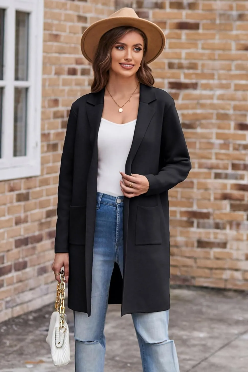 GRACE KARIN Women's 2025 Fashion Open Front Long Cardigan Sweaters Long Sleeve Lapel Knit Sweater Jacket with Pockets