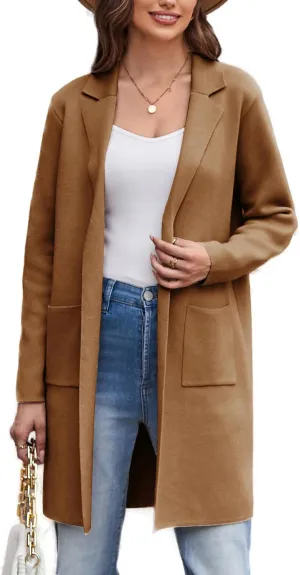 GRACE KARIN Women's 2025 Fashion Open Front Long Cardigan Sweaters Long Sleeve Lapel Knit Sweater Jacket with Pockets