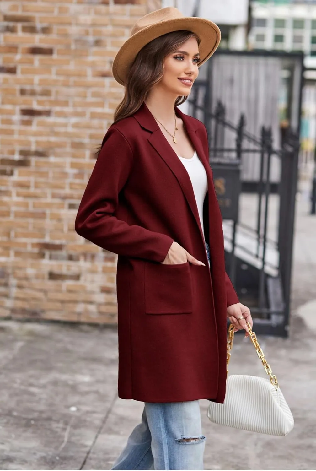 GRACE KARIN Women's 2025 Fashion Open Front Long Cardigan Sweaters Long Sleeve Lapel Knit Sweater Jacket with Pockets
